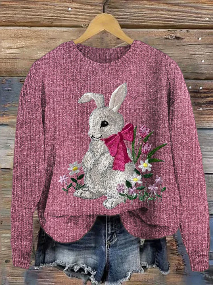VChics Bow Bunny & Floral Pattern Cozy Knit Sweater
