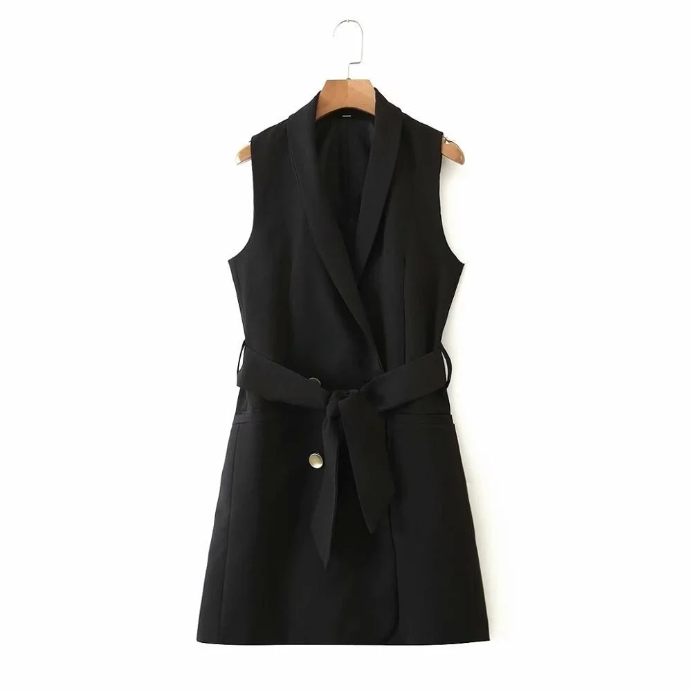 Black Lapel Sleeveless with Belt Chic Women's Vest Double-breasted Fashionable Casual Vacation Female Vest