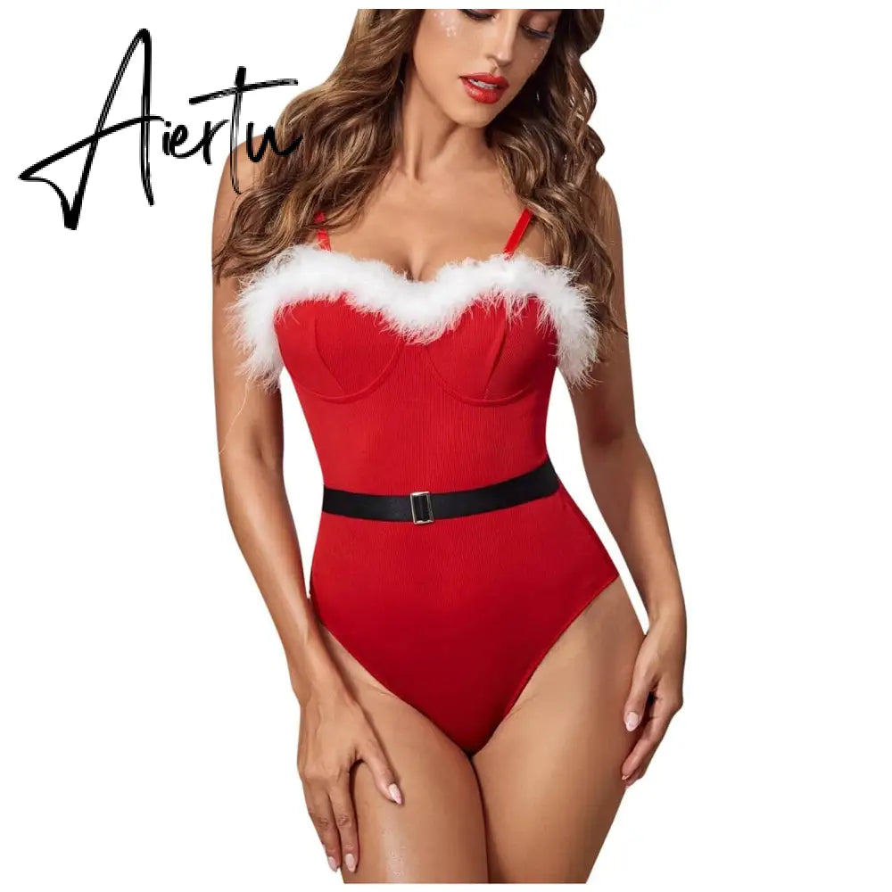 Christmas Babydoll Dress Women's Underwear Sexy Lace Lingerie V-neck Sleeveless Strap Nightdress Sexy Backless Nightie Sleepwear Aiertu