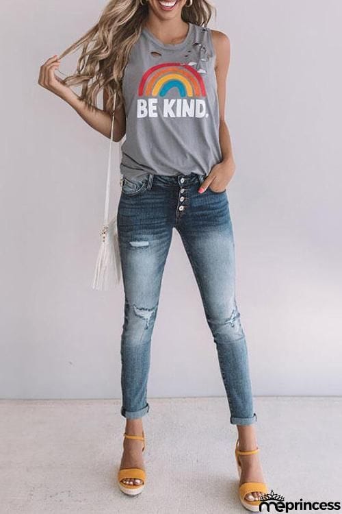 Be Kind Rainbow Ripped Tank Top