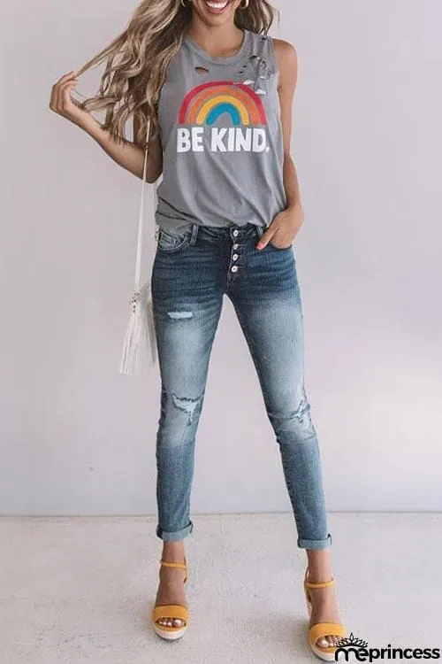 Be Kind Rainbow Ripped Tank Top