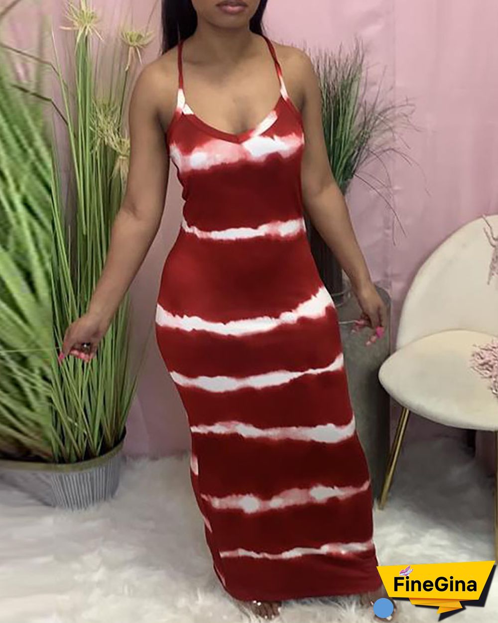 Tie Dye Print V-Neck Thin Strap Maxi Dress