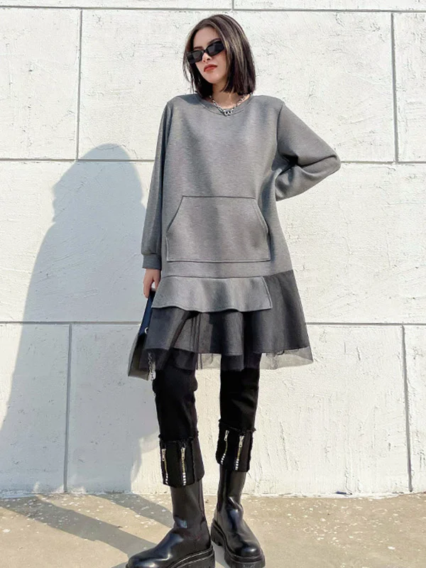 Black&Gray Long Sleeve Sweatshirt Splicing Ruffle Dress