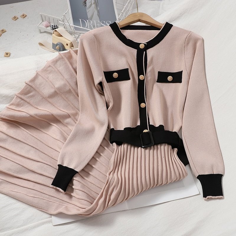 Autumn Winter Women Knit Elegant Pleated Dress Vestidos Korea Chic Temperament Purple O-Neck Long Sleeve Sashes Party Dress Robe