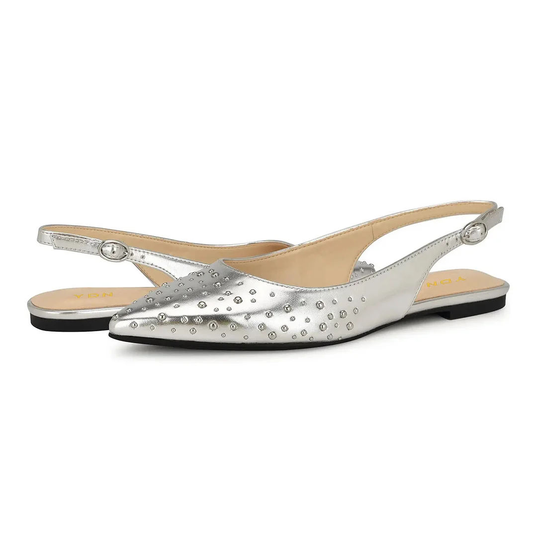 Silver Vegan Leather Slingback Pointed Toe Studded Flat Shoes Women