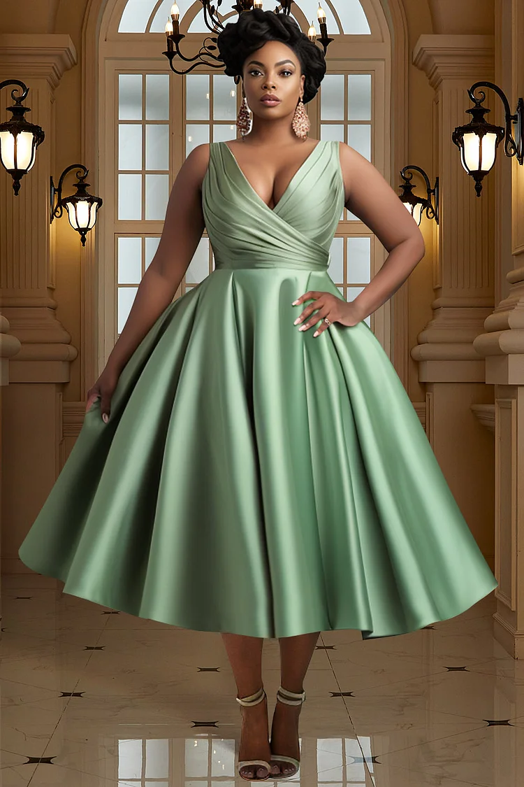 Xpluswear Design Plus Size Wedding Guest Sage Green Wrap Neck Pleated Pocket Satin Midi Dresses [Pre-Order] 2024 - Xpluswear