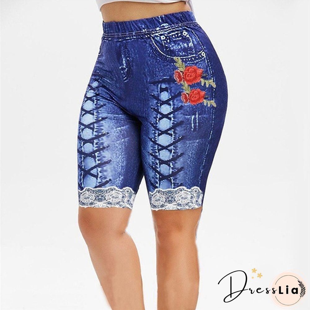 Women Lace Up Floal Print Faux Faux Denim Shorts Casaul Slim Fit Capri Shorts Leggings