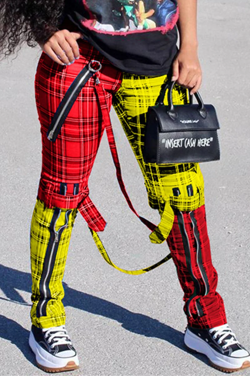 Red Yellow Fashion Casual Plaid Print Patchwork Regular Mid Waist Trousers | EGEMISS