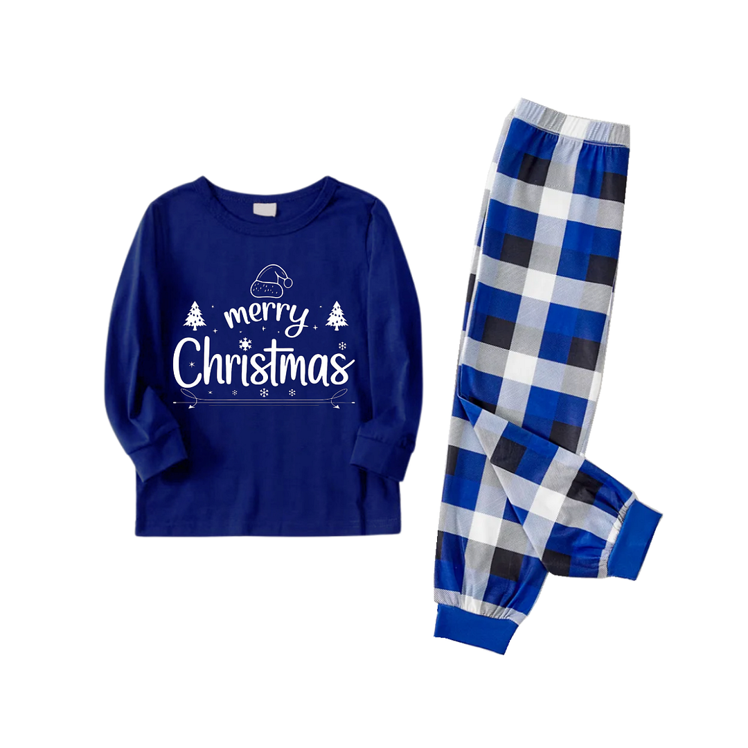 "Merry Christmas" Text Printed Blue and White Plaid Family Matching Pajamas