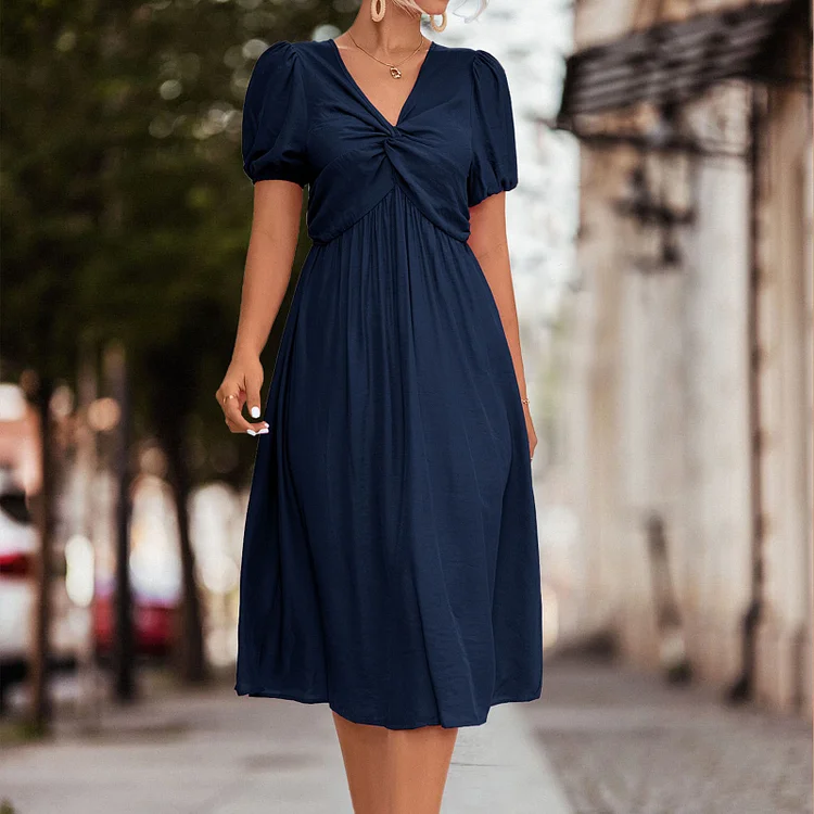Solid Color Ruffle Casual V Neck High Waist Bohemian Elegant Retro Midi Dress