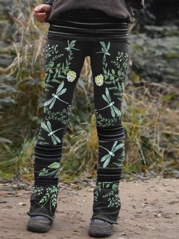 Retro floral cat print stitched thermal integrated Leggings