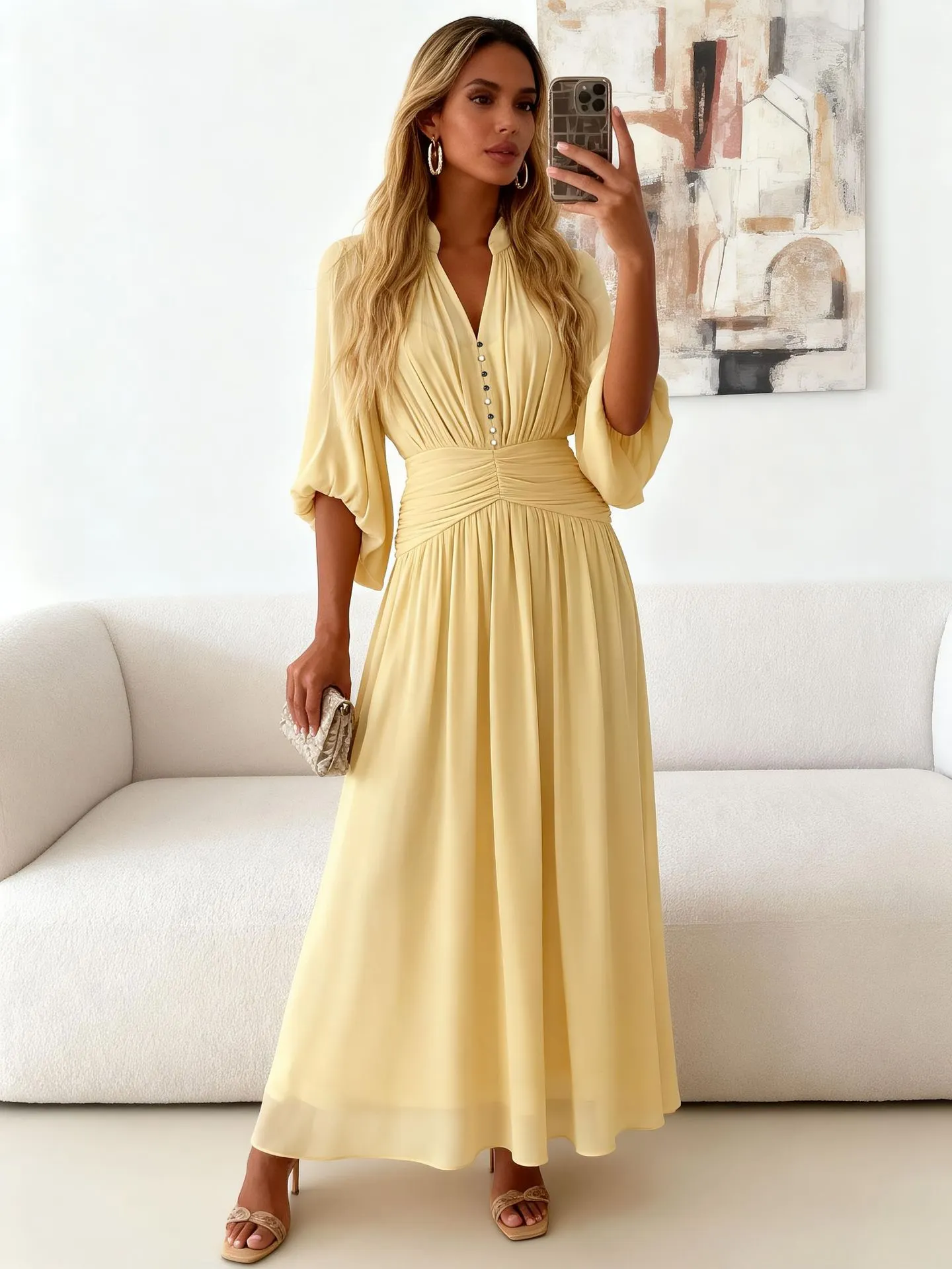 Women's Elegant Yellow Chiffon Maxi Dress