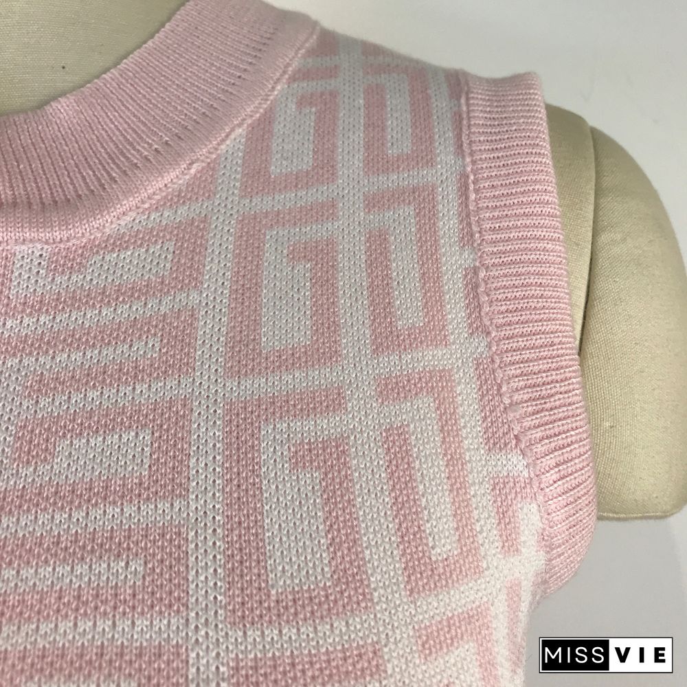 Geometric Knitted Vest Crop Tops Two Piece Skirt Sets