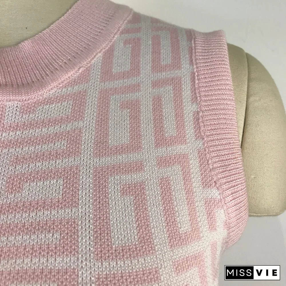 Geometric Knitted Vest Crop Tops Two Piece Skirt Sets