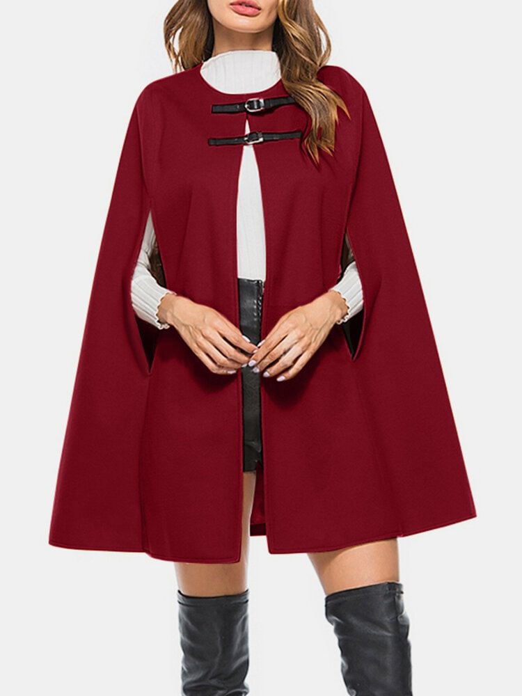 Solid Color Leather Button Casual Cape Coat for Women
