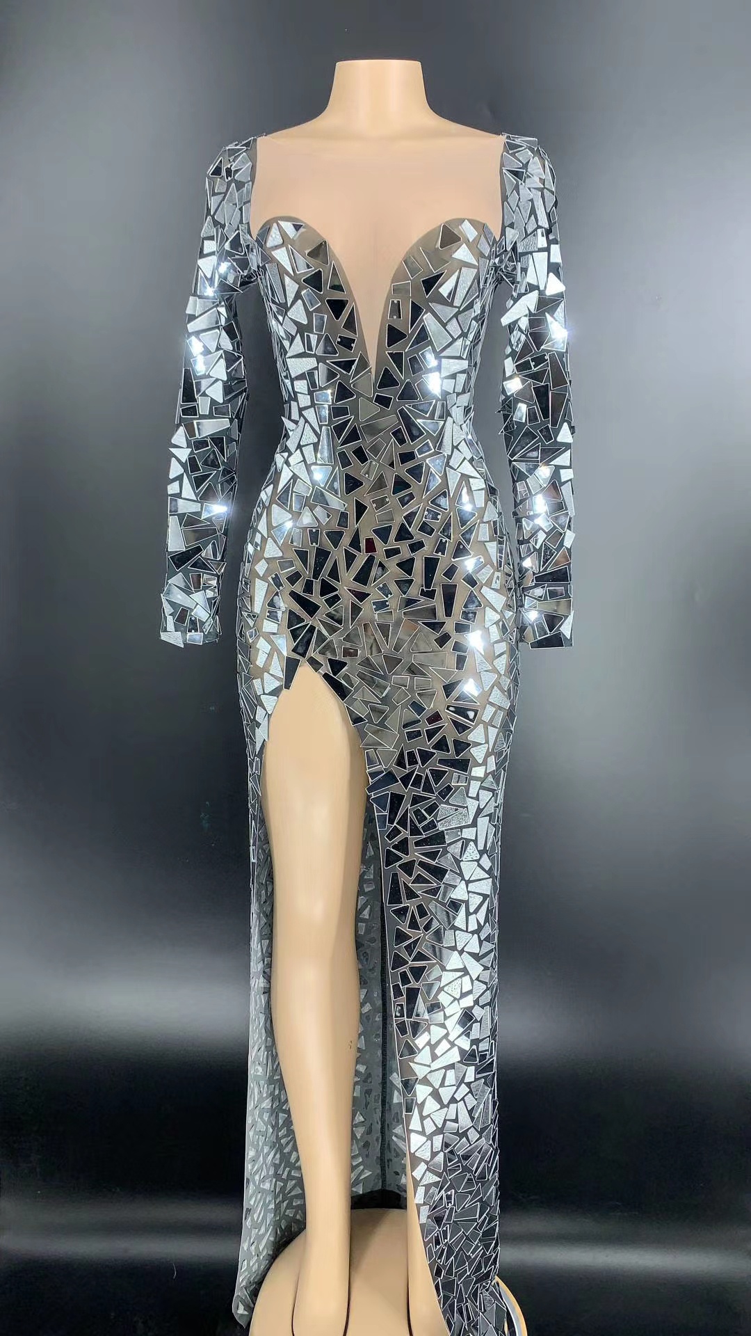 GOOSHOE Costume Silver Pointed Epaulet Laser Faux Mirrors Sequins Dress Dress