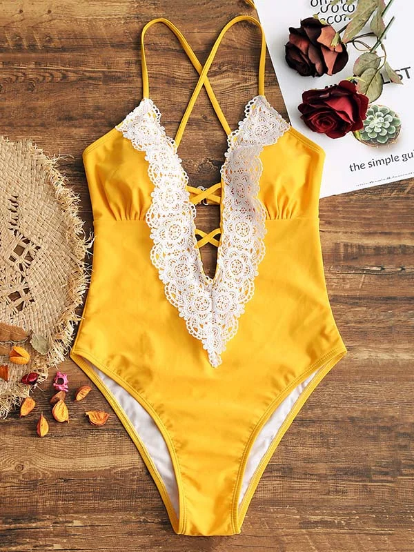 Solid Color Lcae Split-Joint Sexy One-Piece Swimwear