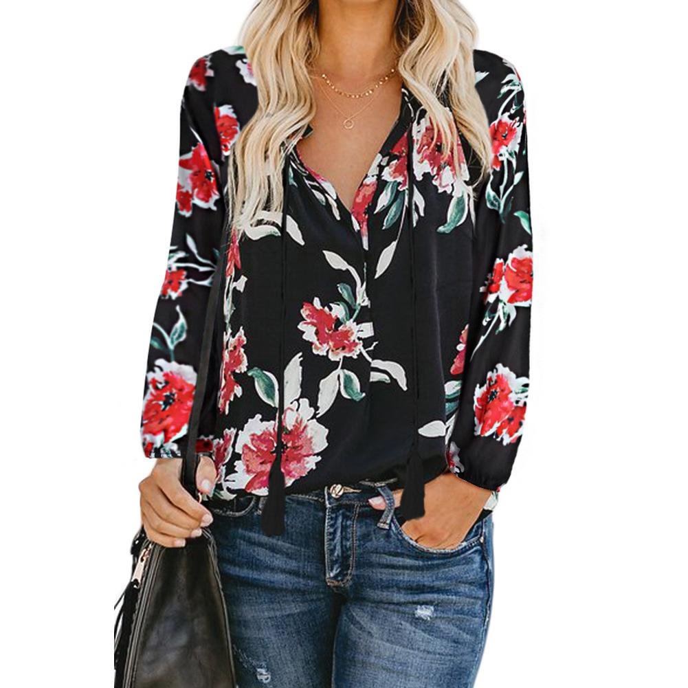 2020 New Plus Size Blouse Women V-neck Long Sleeve Shirt Casual Loose Floral Print Tops Ladies Blouses