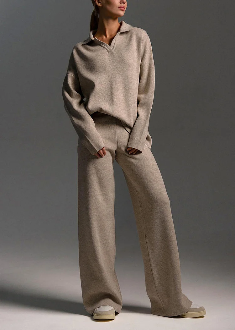 Modern Khaki Sweaters And Wide Leg Pants Knit Two-Piece Set Winter