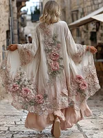 Women's Vintage Bohemian Pink Floral Embroidered Art Casual Linen Blend Long Cardigan