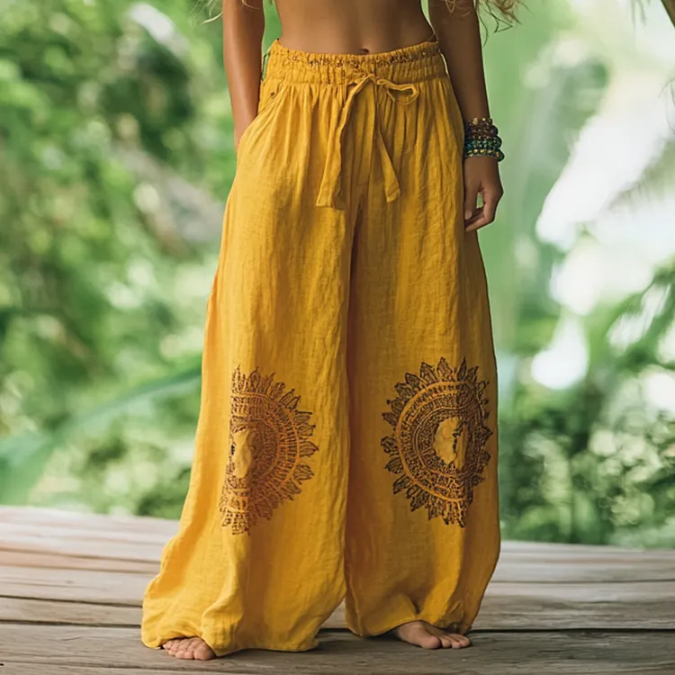 Bohemian Holiday Style Retro Linen Floral Ethnic Totem Print Casual Pants