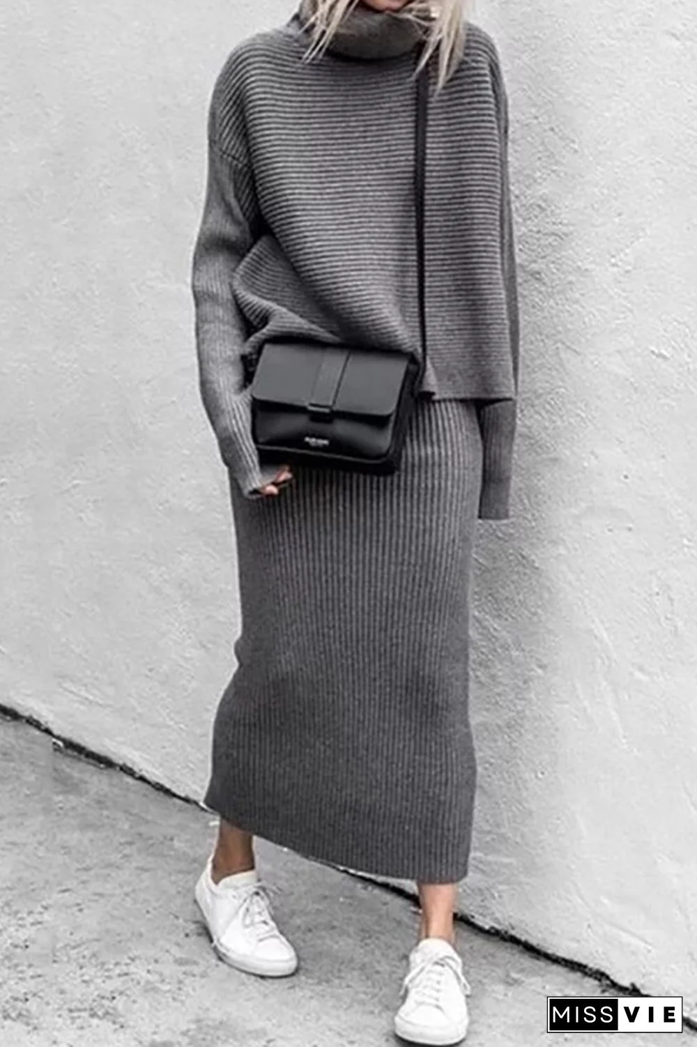 Casual Solid Split Joint Turtleneck Long Sleeve Two Pieces