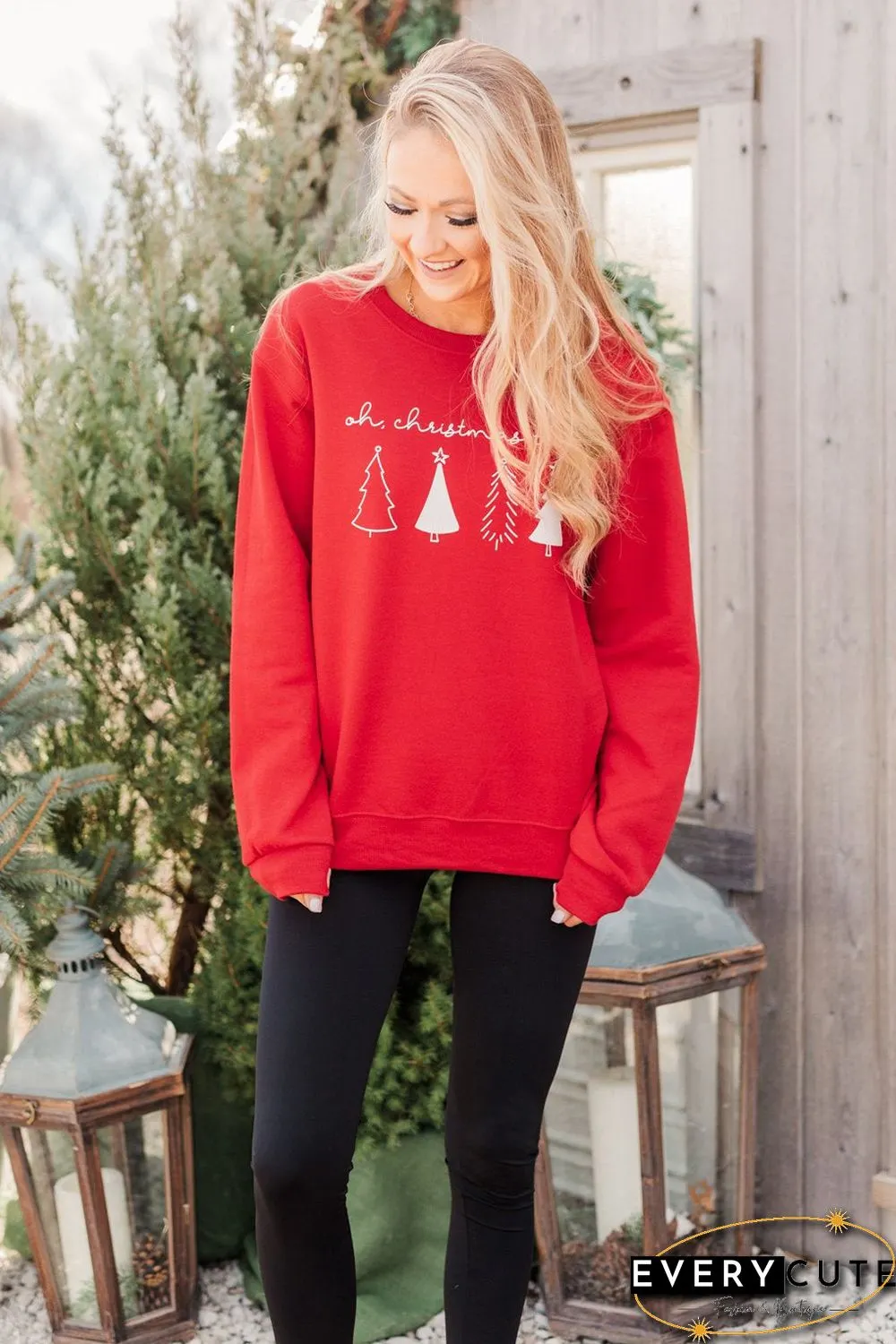 Red Christmas Tree Letter Graphic Print Long Sleeve Sweatshirt