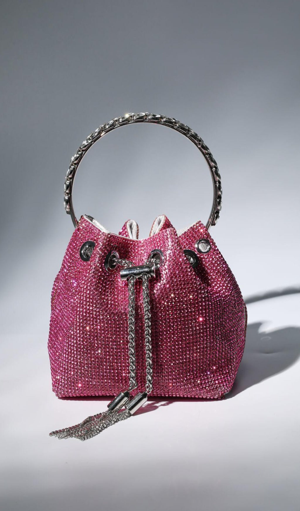 Crystal Embellished Bucket Bag In Hot Pink