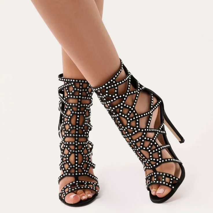 Black Hollow out Gladiator Heels Stiletto Heels Rhinestone Sandals Vdcoo