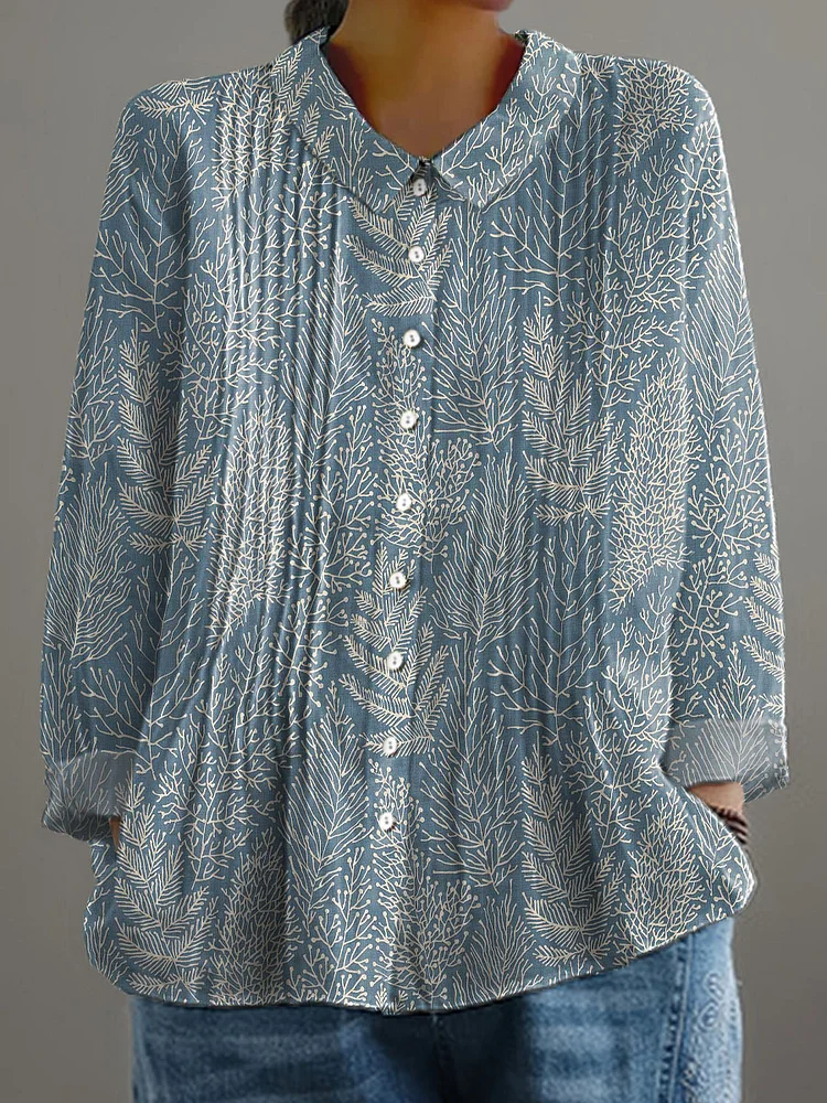 Women's Vintage Leaves Pattern Art Print Casual Cotton And Linen Ruffle Shirt