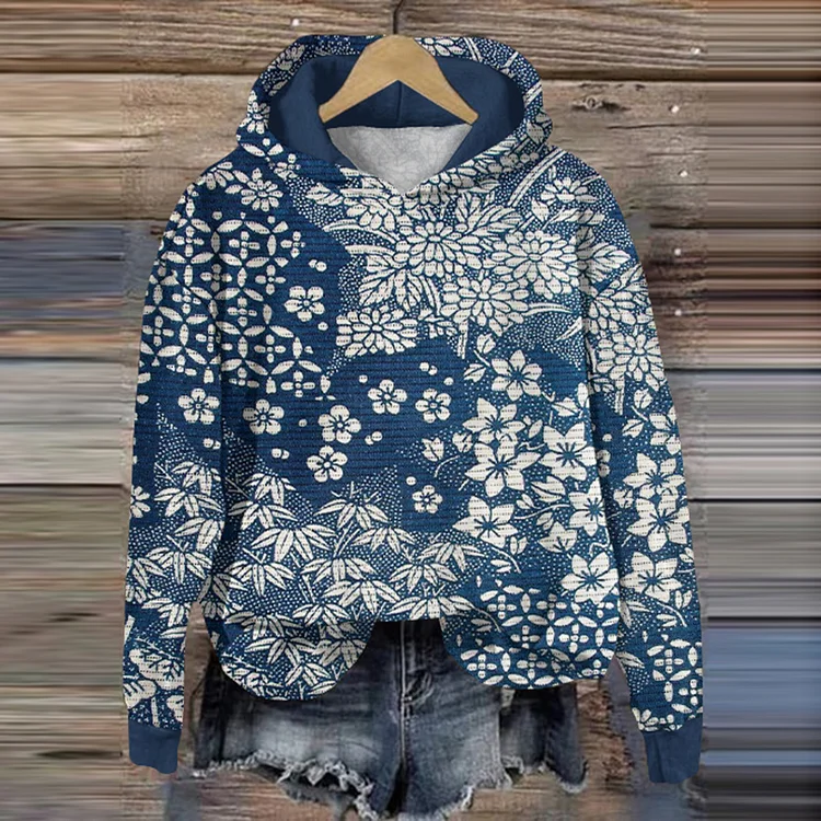 Comstylish Vintage Japanese Art Flower Print Casual Hoodie