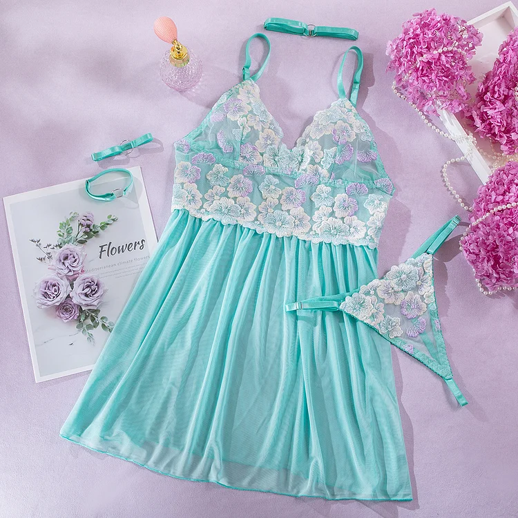 Embroidered Mesh Stitching Sexy See-through T-back Sling Dress Suit