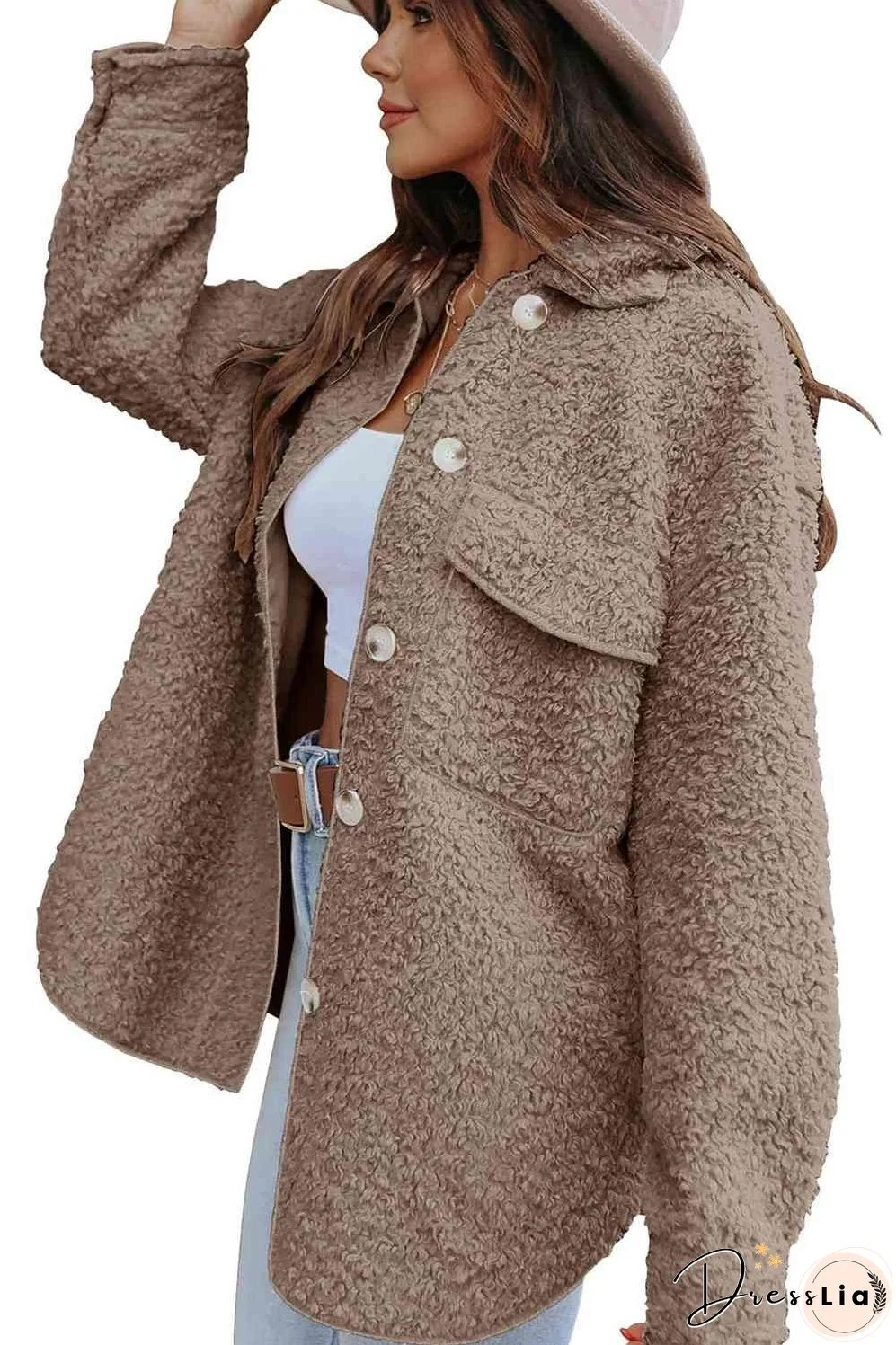 Collared Neck Button Front Coat with Pocket
