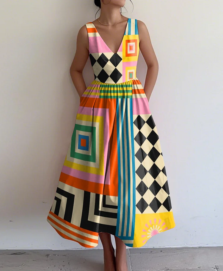Retro Elegant Abstract Print V Neck Sleeveless Dress
