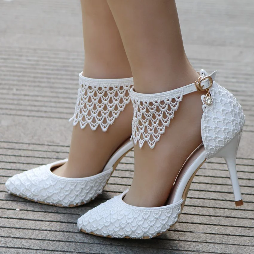 Vstacam  New Fashion High Heels Women Pumps Breathable Hollow Lace Pointed Toe Thin Heels 9.5CM Sexy Party Prom Wedding Shoes