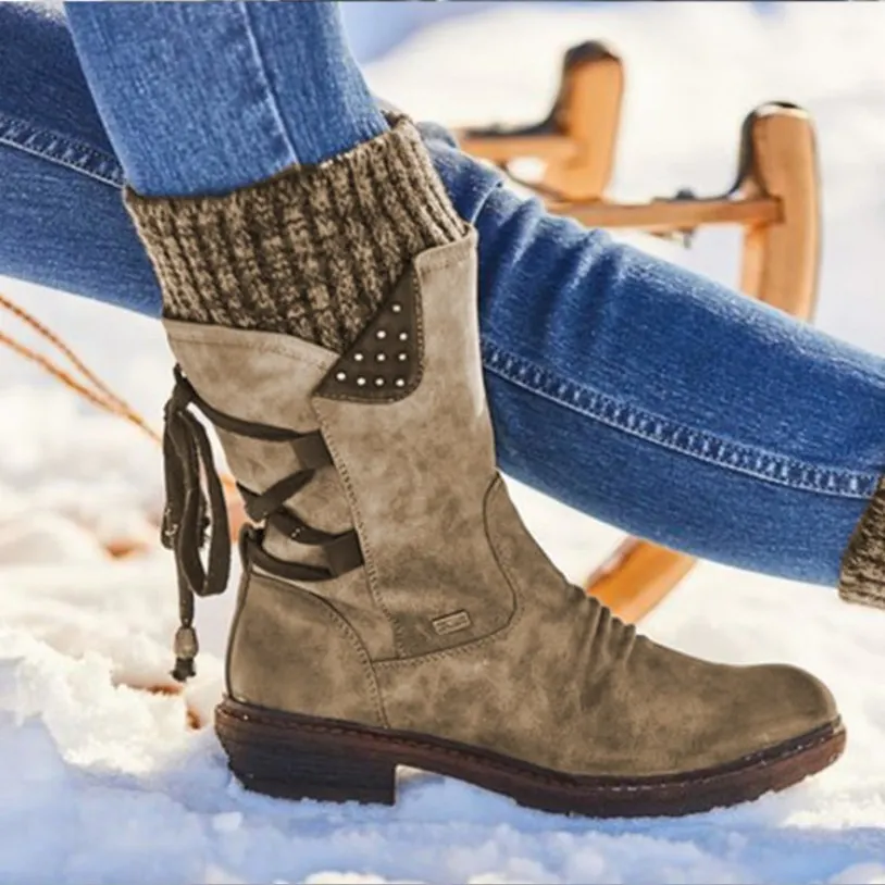 Breakj Breakj Barrel Large Size Martin Boots Autumn And Winter New Square Tied With Wool Women Boots