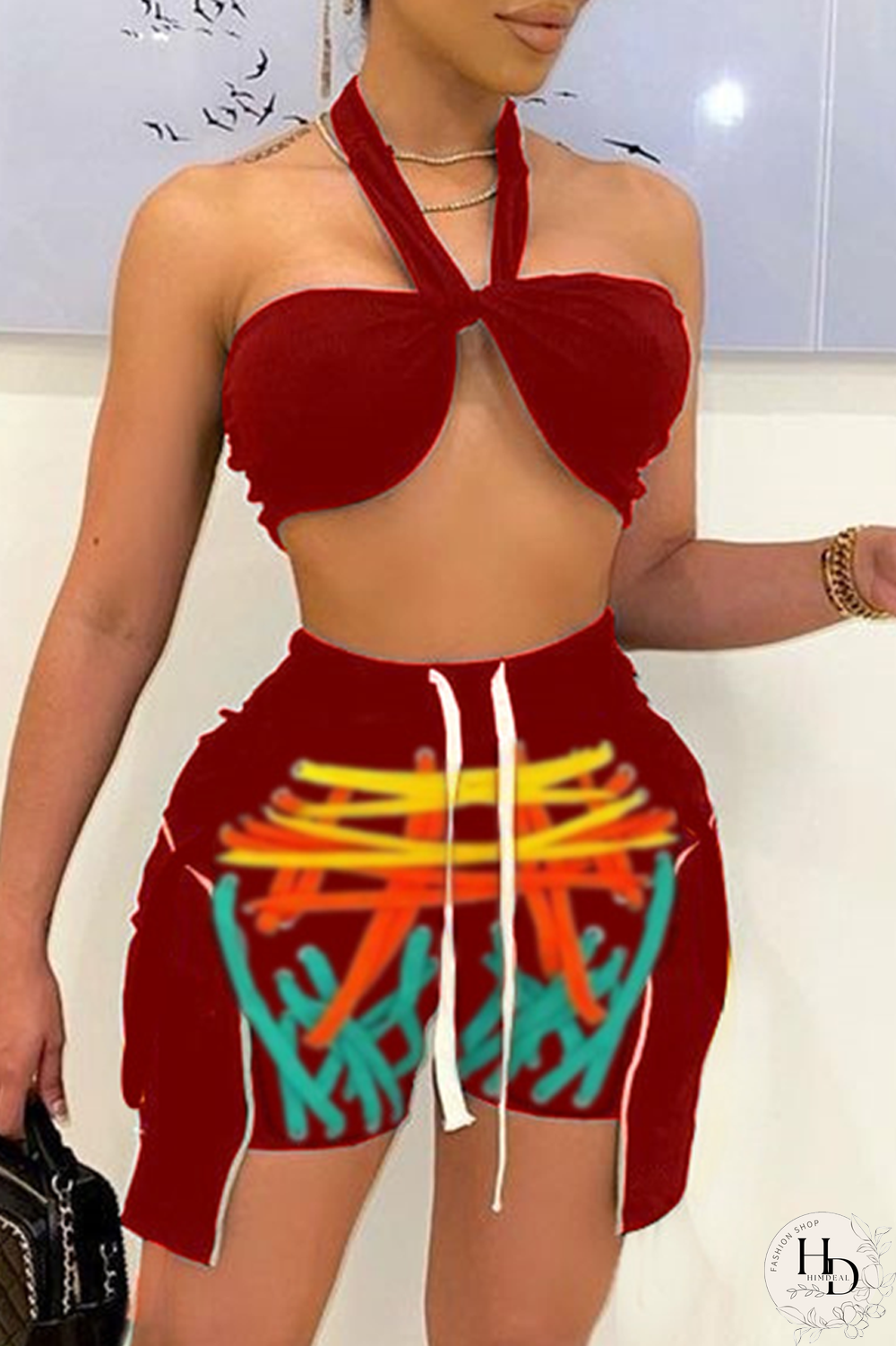 Red Sexy Print Split Joint Halter Sleeveless Two Pieces