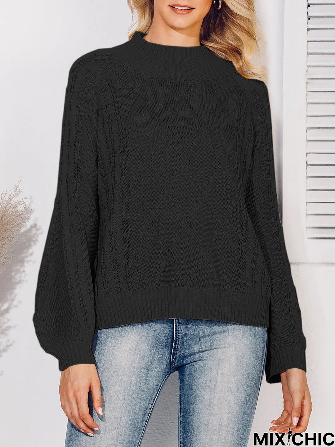 Balloon Sleeve Solid Sweater
