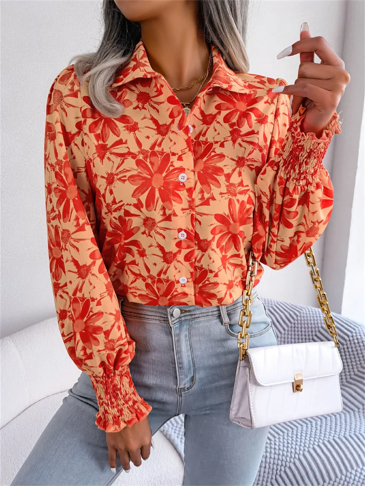 Spring and Summer Casual Lantern Sleeves Collision Color Floral Lapel Single Row Multi-button Long-sleeved Shirt Women | 168DEAL