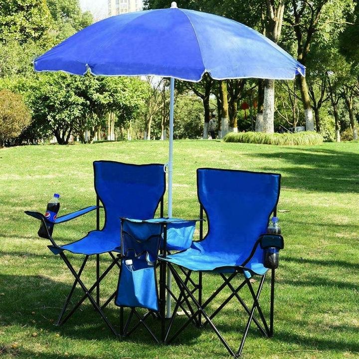 Portable Outdoor 2-Seat Folding Chair with Removable Sun Umbrella Blue、、sdecorshop