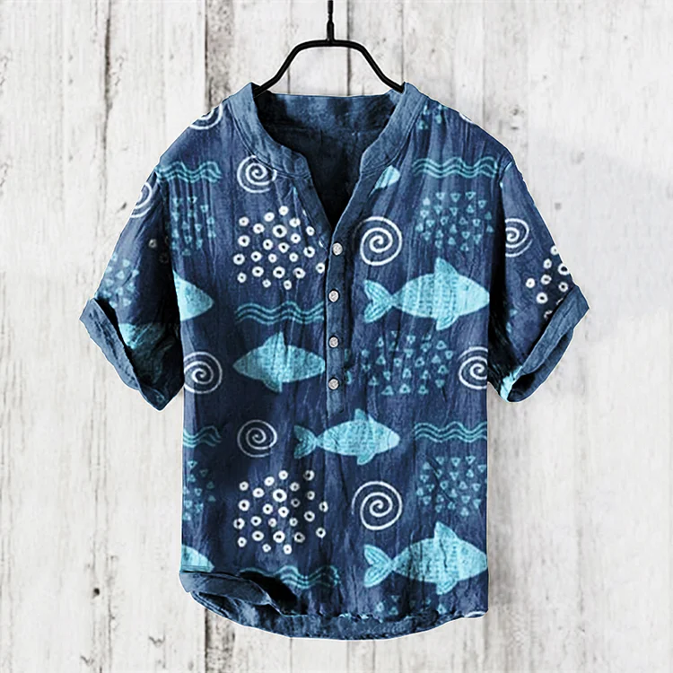 Vintage Japanese Fish Art Graphic Linen Blend Cozy Shirt
