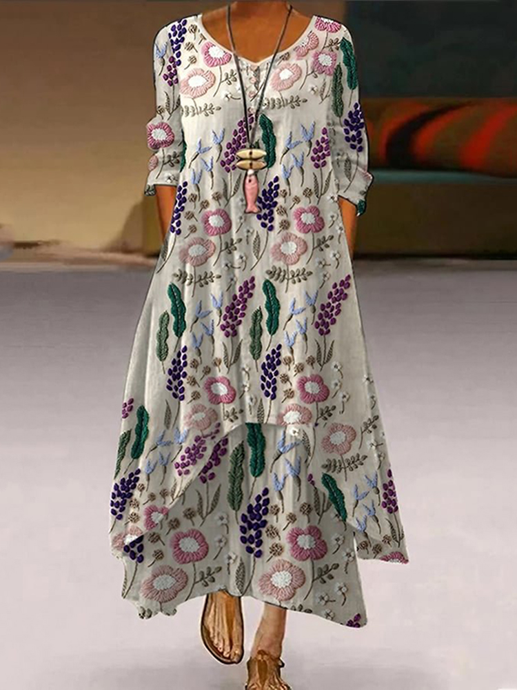 Comstylish Embroidered Art Flower Print Casual Maxi Dress