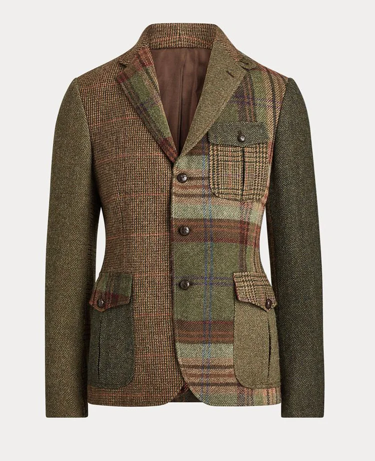 OK Vintage Patchwork Plaid Notch Lapel Single Breasted Pocket Blazer 