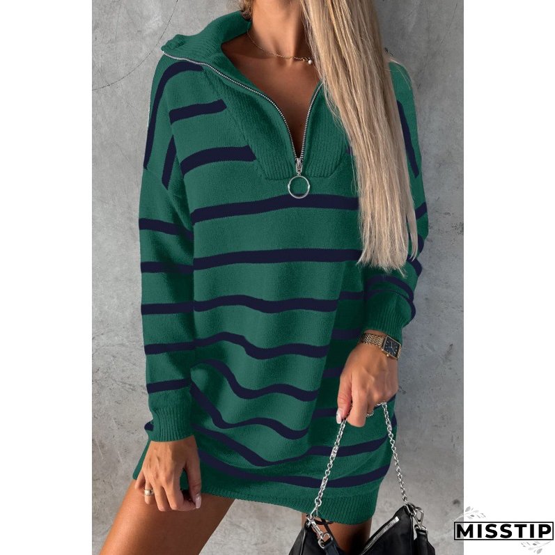 Women Autumn and Winter V-neck Long Sleeve Striped Loose Casual Knitting Sweater Dress