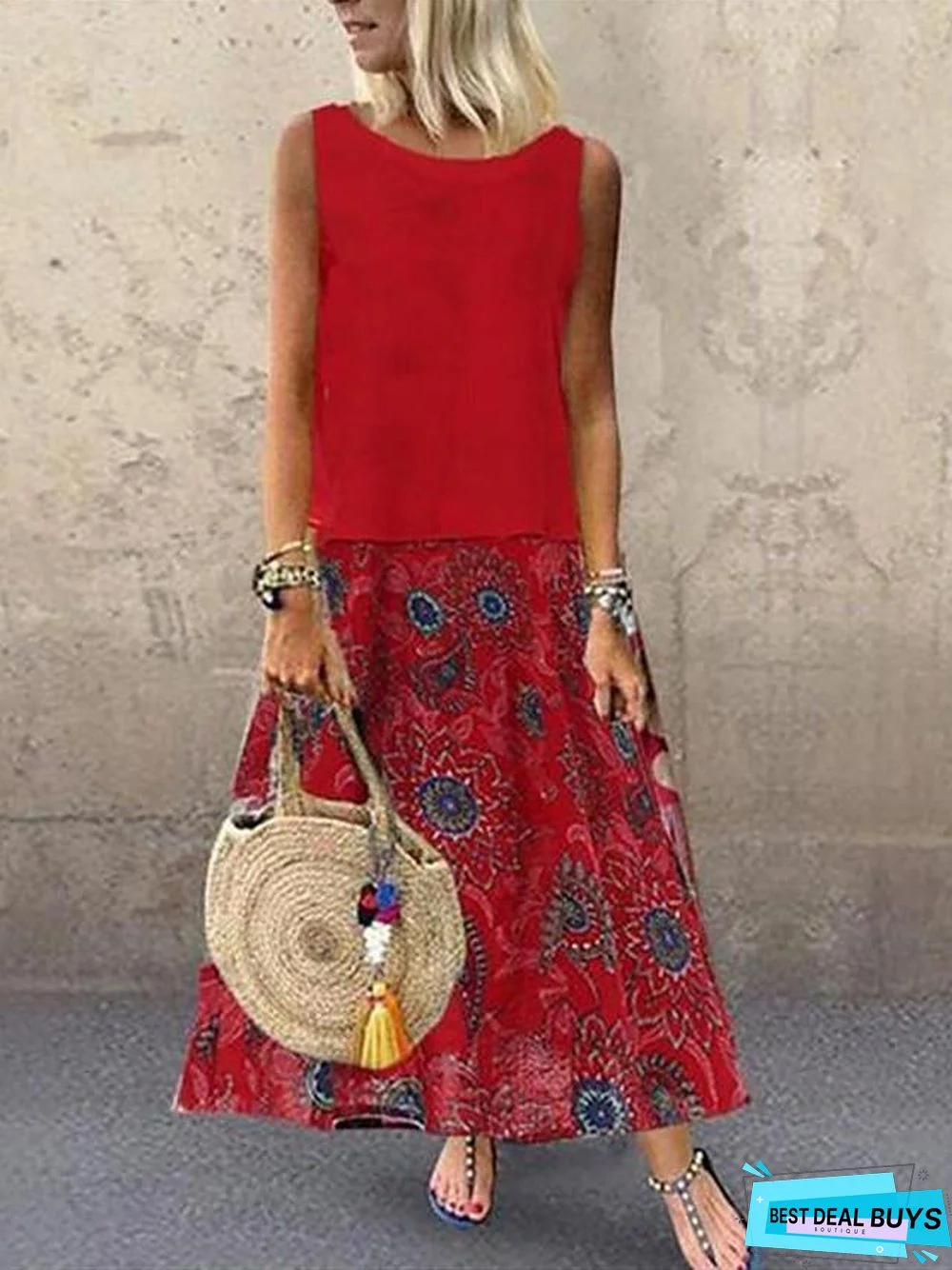 Women's A-Line Dress Maxi Long Dress Sleeveless Geometric Print Vintage Boho Blue Red Yellow Green