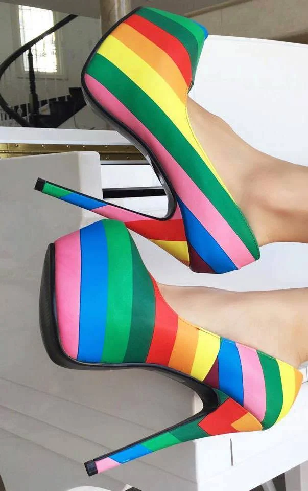 Women's Rainbow Multi-color Platform Stiletto Heels Dress Shoes Almond Toe Pumps |FSJ Shoes