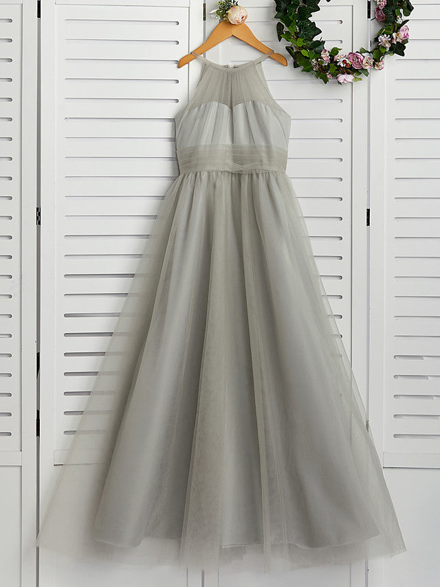Oknass A-Line Crew Neck Floor Length Tulle Flower Girl Dress With Ruching