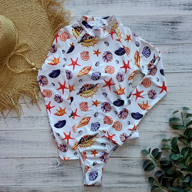 Long Sleeve Print Floral 2021 New One Piece Swimsuit Swimwear Women Zipper Bathing Suit Retro Swimsuit Vintage Surfing Swim Suit