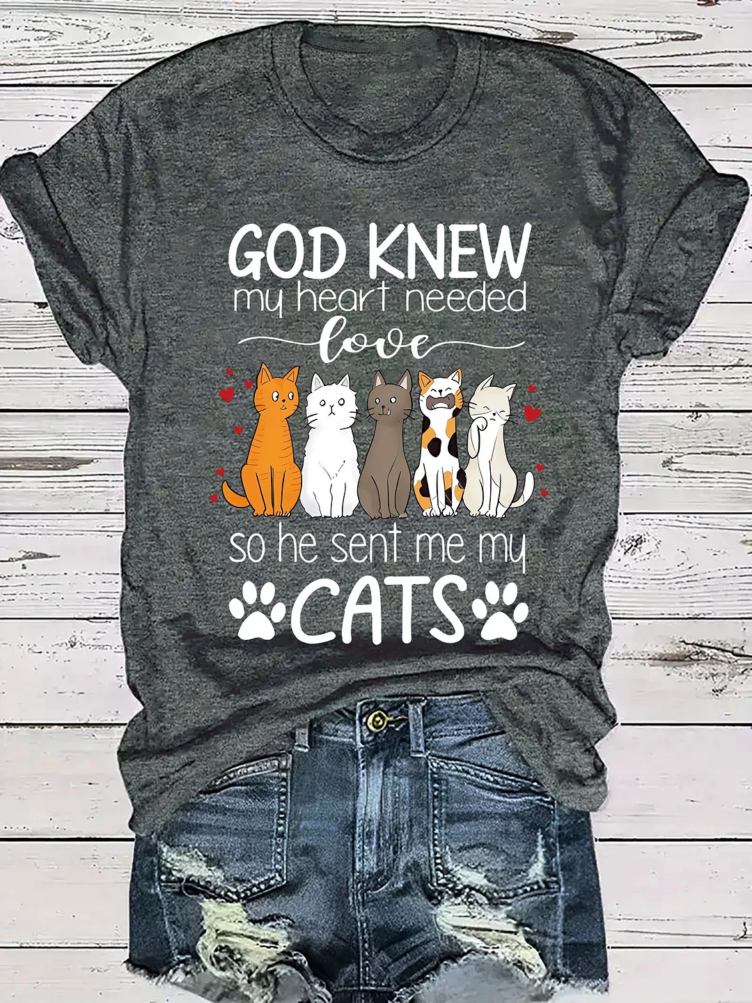 Women's Casual Cat Lover Graphic T-Shirt - "God Knew My Heart Needed Love" Quote With Cartoon Cats & Paw Prints, Heather Gray Relaxed Fit Round Neck Tee, Machine Washable All-Season Top, Cat Tshirt, Medium Elasticity Fabric | IFYHOME
