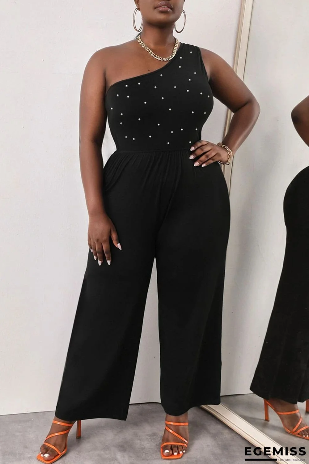 Black Fashion Casual Solid Beading One Shoulder Plus Size Jumpsuits | EGEMISS